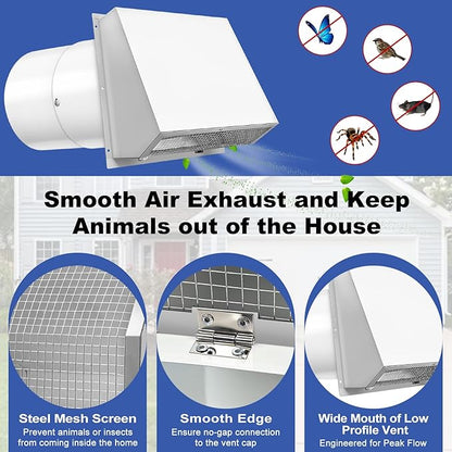 10 Inch Hooded Wall Vent with Screen and Damper, 10 Inch Range Hood Wall Vent Cap, Wall Exhaust Vent Cover, Outdoor Hooded Wall Vent for Dryer Vent, Outside Exterior Mount, Range Hood, Kitchen, White