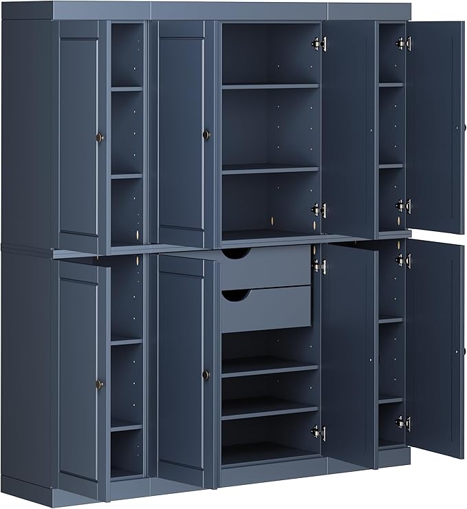Palace Imports Solid Wood Kitchen Pantry Cabinet - 71.5" Tall, 65" Wide - Wooden Storage Cabinet w/ 2-Drawers & Adjustable Shelves - Antique Blue, Renewable Eco-Friendly 100% Wood, Made in Brazil