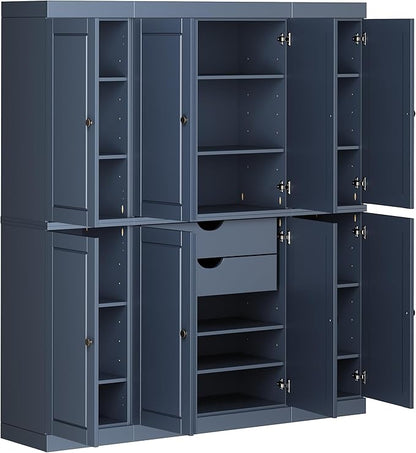 Palace Imports Solid Wood Kitchen Pantry Cabinet - 71.5" Tall, 65" Wide - Wooden Storage Cabinet w/ 2-Drawers & Adjustable Shelves - Antique Blue, Renewable Eco-Friendly 100% Wood, Made in Brazil