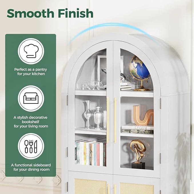 63” Tall Arched Kitchen Pantry Cabinet, 5-Tier Modern Farmhouse Flute Pantry with Adjustable Shelves, Kitchen Storage Cabinet for Kitchen, Dining Room, Living Room, White