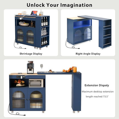 Kitchen Island Cart with Extended Table, Rolling Kitchen Island on Wheels with LED Lights&Power Outlets&Storage Compartment, Side Table with 2 Fluted Glass Doors and 3 Open Shelves,Navy Blue