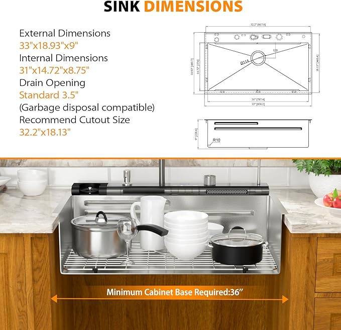 Mocoloo 33 Inch Honeycomb Waterfall Kitchen Sink Drop in, 33x19 Inch Stainless Steel Workstation Sink 16 Gauge Topmount Single Bowl LED Display Sink with Complete Kit