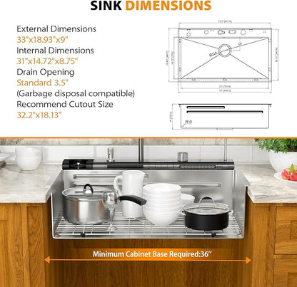 Mocoloo 33 Inch Honeycomb Waterfall Kitchen Sink Drop in, 33x19 Inch Stainless Steel Workstation Sink 16 Gauge Topmount Single Bowl LED Display Sink with Complete Kit