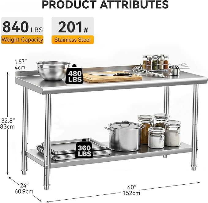 DWVO 60x24in Stainless Steel Table, NSF Metal Prep Worktable with Backsplash for Kitchen Restaurant Hotel Garage Warehouse Home