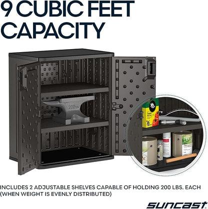 Suncast Heavy-Duty Resin Outdoor Storage Cabinet, 30" W x 20.25" D x 36" H Dark Grey Base Garage Storage Cabinet with Lockable Doors and Metal Reinforced Shelves, Made in The USA