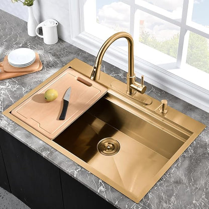 33 Inch Gold Kitchen Sink Drop In Workstation-Hovheir 33x22 Drop In Top Mount Kitchen Sink 16 Gauge Stainless Steel Single Bowl Deep Brushed Gold Sinks with Cutting Board