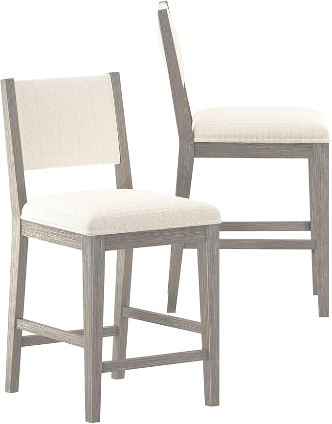 Plank+Beam Sereno Counter Stool, 24", Set of 2, Sturdy Wood Modern Kitchen Counter Height Stool, Upholstered Cushion Counter Chair with Back, Antique White/Ivory