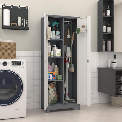 Broom Closet, Metal Storage Cabinet with Hanging Rod, 65" Broom Tool Organizer, Metal Cabinet with Doors and Shelves, Tall Cleaning Storage for Home, Office, Garage, Balcony