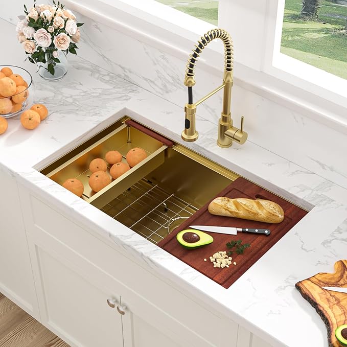 Sarlai 32 Gold Undermount Kitchen Sink - 32" x19" Kitchen Sink Ledge Workstation 16 Gauge Gold Stainless Steel Deep Single Bowl Under Counter Rectangular Sinks Basin