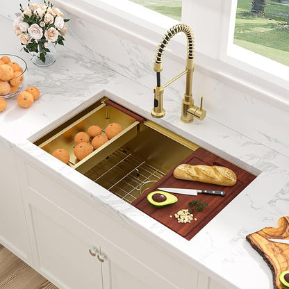 Sarlai 33 Undermount Sink Gold Stainless - 33" x19" Kitchen Sink Ledge Workstation Gold 16 Gauge Stainless Steel Deep Single Bowl Under Counter Rectangular Kitchen Sinks Basin