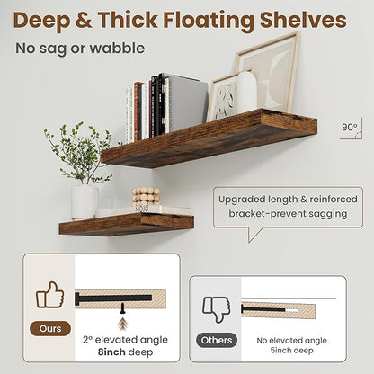 20 Inch Floating Shelves for Wall, 8 Inch Deep Floating Shelf for Storage & Display, Wall Mounted Shelf with Invisible Brackets for Living Room, Kitchen, Bathroom, Home Decor, Set of 2, Rustic Brown