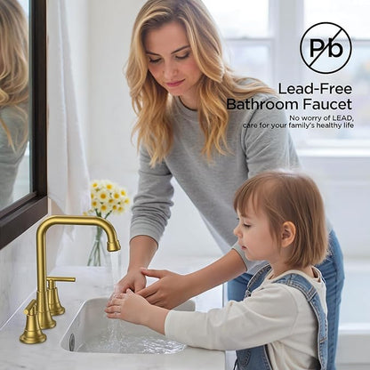 FORIOUS 3 Hole 8 Inch Widespread Bathroom Faucet in Brushed Gold - 2 Handle Bathroom Sink Faucets with Pop Up Drain Assembly and 2 Water Supply Lines for RV Bath Vanity Farmhouse, 360°Swivel Spout
