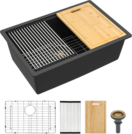 28"x19" Granite Composite Kitchen Sink - Matte Black Undermount Ledge Workstation Quartz Classic Under Counter Single Bowl Basin