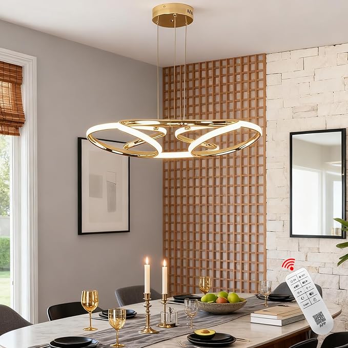 23 inch Modern Chandelier for Dining Room, Kitchen Chandelier & Entryway, Dimmable LED Pendant Light with Adjustable Height, 32W for Hallway, Living Room, Bedroom (Gold M)