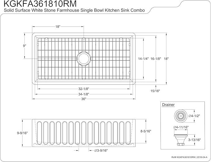 Gourmetier KGKFA361810RM 36-Inch x 18-Inch Single Bowl Apron-Front Farmhouse Kitchen Sink with-Drain and-Rack, Matte White/Brushed