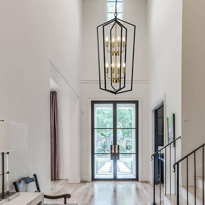 Lanhall 8-Light Lantern Tired Farmhouse Ceiling Hanging Light Black Chandelier Metal Modern Pendant Light Fixtures for Kitchen Island Dining Room Living Room Foyer Entryway-Brushed Brass
