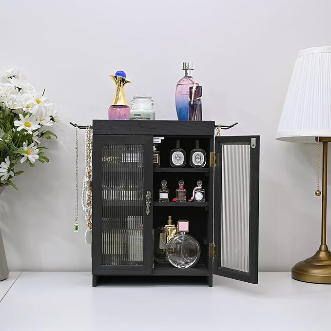 Ikee Design Wooden Countertop Storage Cabinet with Wavy Magnetic Door, Adjustable Shelves, Removable Hooks. Perfect for Perfume, Figurines, and Coffee Cups, Black Color, 10.4 W x 6.1 D x 14.4 H in