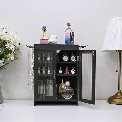 Ikee Design Wooden Countertop Storage Cabinet with Wavy Magnetic Door, Adjustable Shelves, Removable Hooks. Perfect for Perfume, Figurines, and Coffee Cups, Black Color, 10.4 W x 6.1 D x 14.4 H in
