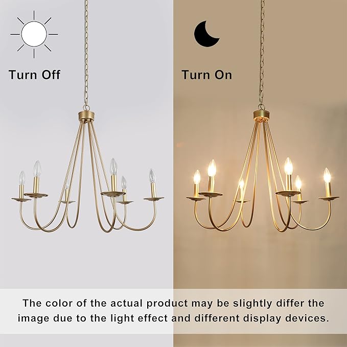 KSANA Modern Gold Chandelier, 6-Light Chandelier Light Fixture, 28’’ Large Hanging Pendant Light for Dining Room, Living Room & Kitchen Island, Soft Gold Finish