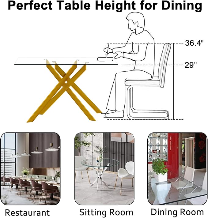 Henf 51.18'' Glass Dining Table for 4-6 People, Rectangular Kitchen Table with Gold Metal Legs, Tempered Glass Top Dining Room Table for 4
