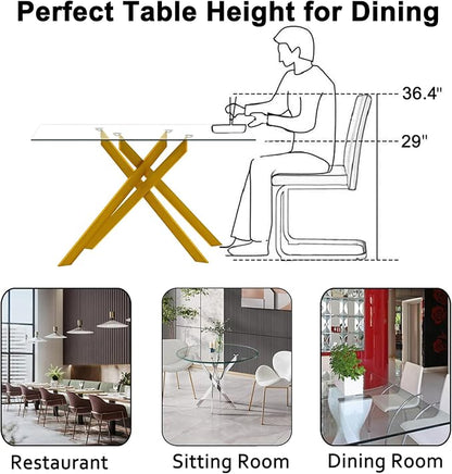 Henf 51.18'' Glass Dining Table for 4-6 People, Rectangular Kitchen Table with Gold Metal Legs, Tempered Glass Top Dining Room Table for 4