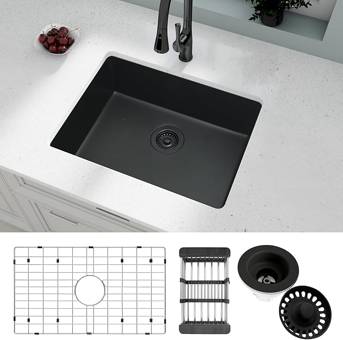 Black Kithcen Sink, 23 Inch Undermount Kitchens Sinks, 23"x 18"x 8" Small Matte Black Bar Sinks, 23 x18 Granite Composite Quartz stone Kitchen Sink With Accessories