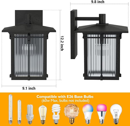 Retro Outdoor Wall Light for House, Outdoor Lighting Fixtures Wall Mount with Ribbed Glass, Soptted Black Aluminum Exterior Wall Lantern for Front Porch Garage Patio (12.2''H, 1 pc)