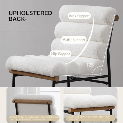 White Boucle Bar stools Set of 4, 25” Modern Upholstered Counter stools with Black Metal Legs, Sherpa Counter Height Chairs for Kitchen Island Armless Stool with Channel Tufted Back