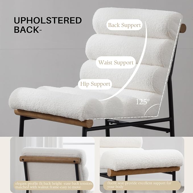 White Boucle Bar stools Set of 2, 25” Modern Upholstered Counter stools with Black Metal Legs, Sherpa Counter Height Chairs for Kitchen Island Armless Stool with Channel Tufted Back