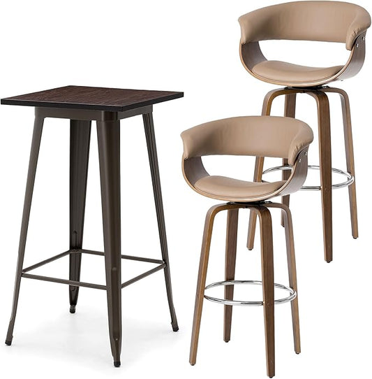 Glitzhome Bar Table and Chairs, Brown PU Leather Adjustable Swivel Bar Stools Set of 2, Square Rustic Cocktail Pub Table for Kitchen Island Bistro Office Living Room Dining Room Small Space