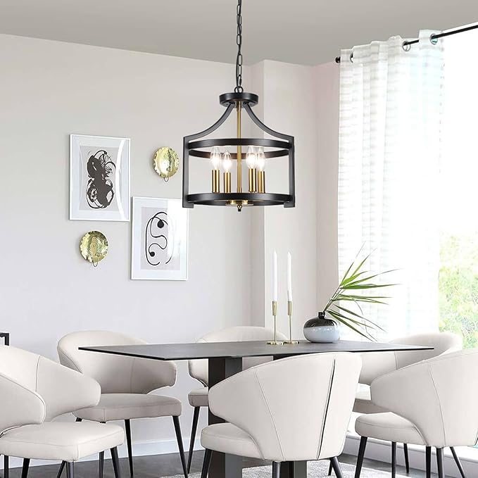 Farmhouse Dining Room Light Fixture,4 Lights Kitchen Chandeliers Over Table Modern Black&Gold Hanging Pendant Lamp Convertible Semi Flush Mount Ceiling Light for Entryway Foyer Island Hallway