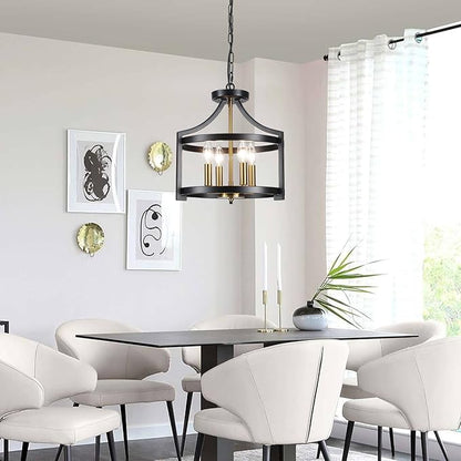 Farmhouse Dining Room Light Fixture,4 Lights Kitchen Chandeliers Over Table Modern Black&Gold Hanging Pendant Lamp Convertible Semi Flush Mount Ceiling Light for Entryway Foyer Island Hallway