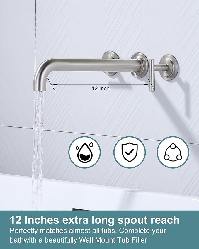 WOWOW Wall Mount Tub Filler: Brushed Nickel Tub Faucet High Flow Two Handles Solid Brass, Long Spout Reach,Tub Faucet Bathroom Bathtub Faucets with 2 Handles with Brass Rough in Valve Included