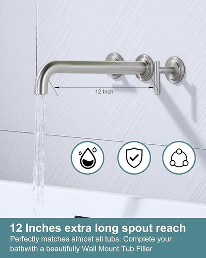 WOWOW Wall Mount Tub Filler: Brushed Nickel Tub Faucet High Flow Two Handles Solid Brass, Long Spout Reach,Tub Faucet Bathroom Bathtub Faucets with 2 Handles with Brass Rough in Valve Included