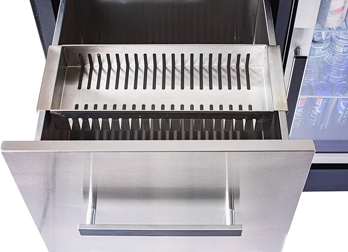 Mont Alpi Stainless Steel 48"W x 22.5"D x 36"H Large Outdoor Kitchen Island Rolling Bar Cart Prep Table Grill Station with Ceramic Top & Beverage Refrigerator + Storage Drawers + Portable Ice Cooler