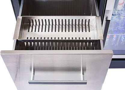 Mont Alpi Stainless Steel 48"W x 22.5"D x 36"H Large Outdoor Kitchen Island Rolling Bar Cart Prep Table Grill Station with Ceramic Top & Beverage Refrigerator + Storage Drawers + Portable Ice Cooler