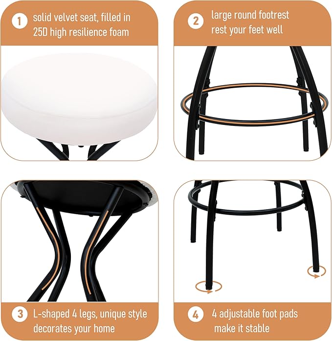 Modern Backless Bar Stools Set of 2 Round Upholstered Counter Stools for Kitchen Island Velvet Dining Chairs，Creamy White