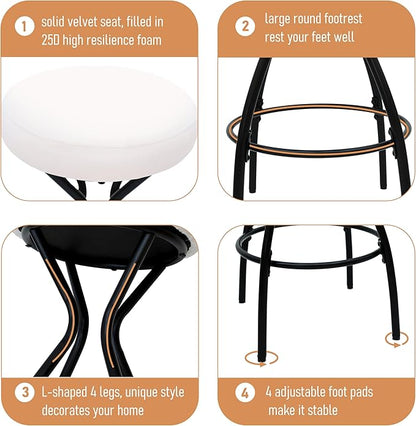 Modern Backless Bar Stools Set of 2 Round Upholstered Counter Stools for Kitchen Island Velvet Dining Chairs，Creamy White