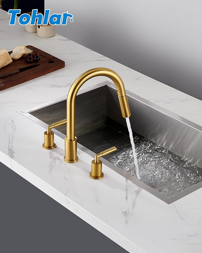 Tohlar Gold Kitchen Faucet with Pull Down Sprayer, 2 Handle Kitchen Faucet, 3 Hole Kitchen Sink Faucets Brushed Gold Stainless Steel Faucet for Kitchen Sink
