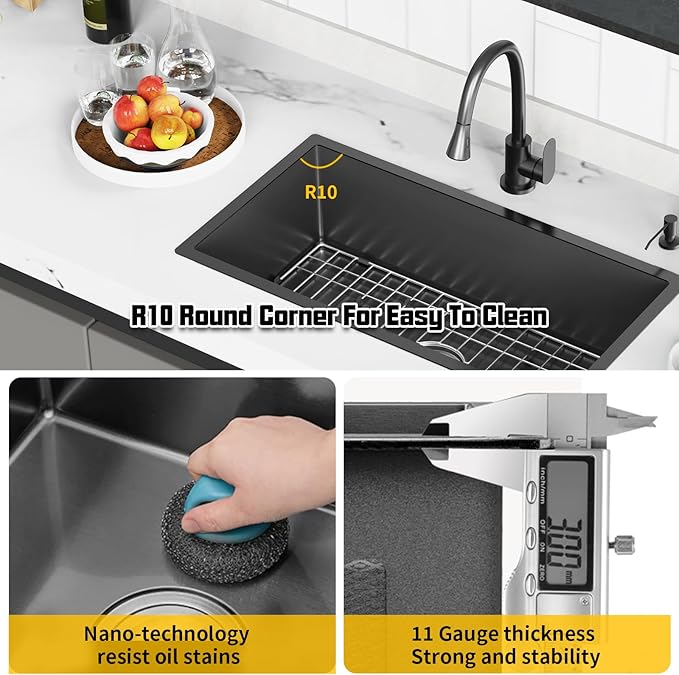 Black 32x17 Inch Undermount Kitchen Sink-Stainless Steel Single Bowl Drop In Kitchen Sink Stylish And Modern Look With Bottom Grid,Silicon Mat And Drain Assembly Add Elegance & Enhance Usability