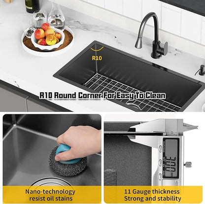 Black 32x17 Inch Undermount Kitchen Sink-Stainless Steel Single Bowl Drop In Kitchen Sink Stylish And Modern Look With Bottom Grid,Silicon Mat And Drain Assembly Add Elegance & Enhance Usability