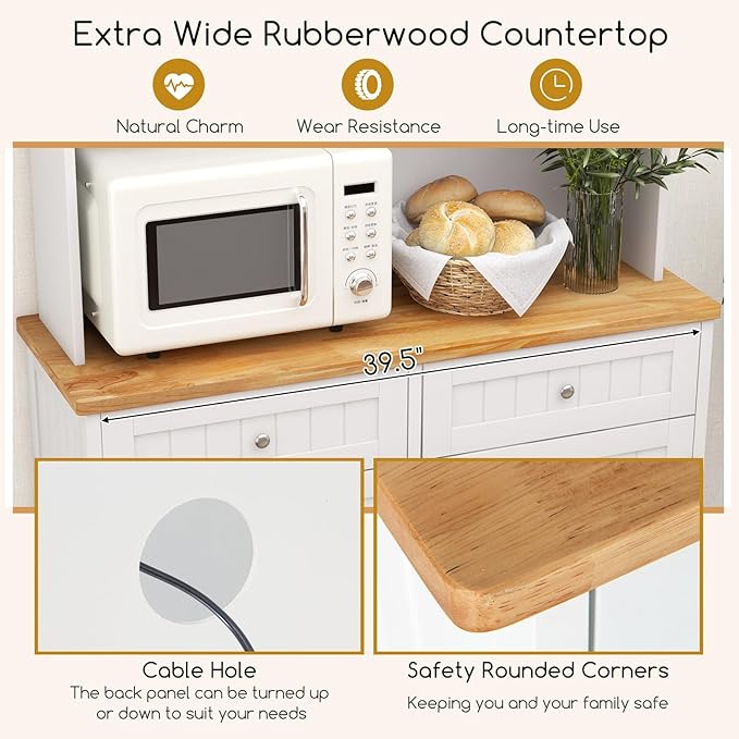 Giantex 68” Tall Kitchen Pantry, Buffet Hutch w/Tilt Out Trash Can Storage Cabinet, 2 Drawer, Shelves, Rubber Wood Microwave Countertop, Wood Sideboard Cupboard for Home Coffee Bar (White & Natural)