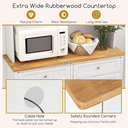 Giantex 68” Tall Kitchen Pantry, Buffet Hutch w/Tilt Out Trash Can Storage Cabinet, 2 Drawer, Shelves, Rubber Wood Microwave Countertop, Wood Sideboard Cupboard for Home Coffee Bar (White & Natural)