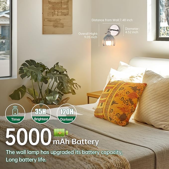 Shenmoyl Vintage Wall Sconce Set of 2 - Rechargeable Battery Powered with Remote Control, Clear Light Blue Tulip Glass Lampshade (5000mAh) for Bedroom/Doorway