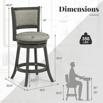 Giantex Swivel Counter Height Bar Stools Set of 2, 26.5" Upholstered Vintage Barstools w/Back, Linen Seat, Footrest, Farmhouse Wooden Counter Height Chairs for Kitchen Island Dining Room, Grey