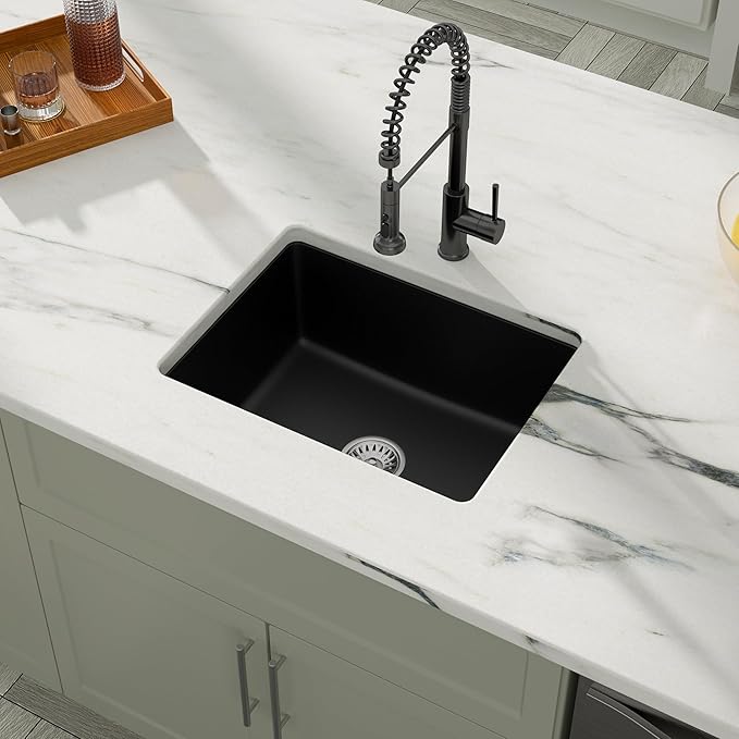 22 x 17 Undermount/Drop-in Kitchen Sink, Single Bowl Quartz Granite Composite Sink, Matte Black, Center Drain for Small Kitchen & Remodel, #DC-GU7747