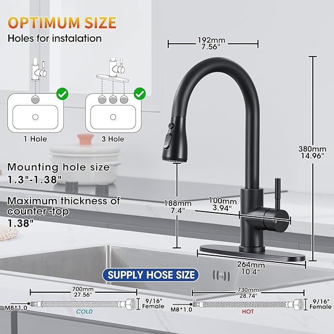 Matte Black Kitchen Faucets with Pull Down Sprayer, High Arc Single Handle Stainless Steel 1 or 3 Hole Utility Modern Faucet for Kitchen Sink, Suitable for Bar Laundry RV Farmhouse Camper