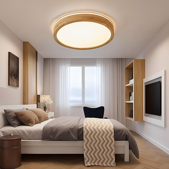 LED Ceiling Light Fixture 15.74, Handcrafted Natural Wood Modern Wabi-Sabi Style, 42W LED 3000K-4000K-6000K, Low Profile Lamp for Bedroom Kitchen Hallway Dining