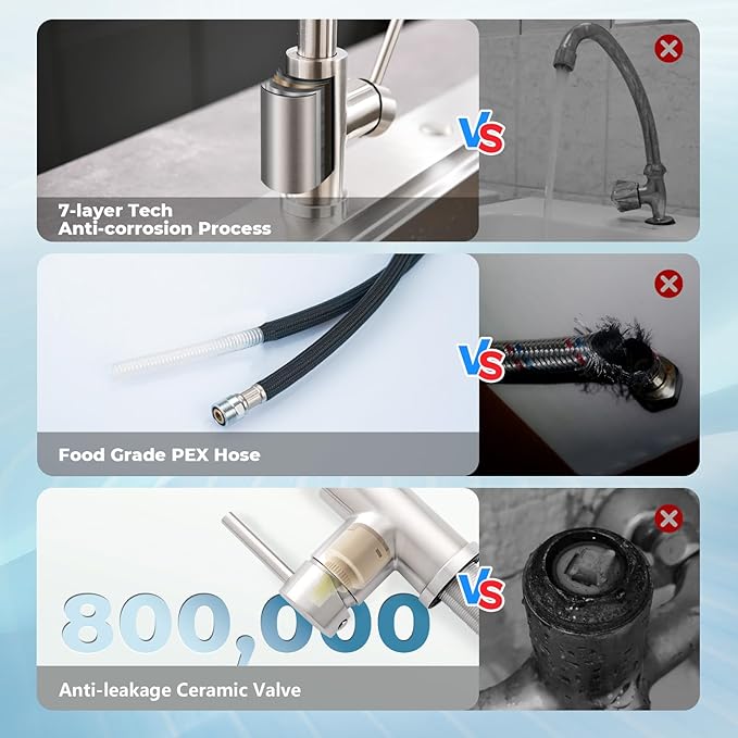 Kitchen Faucet with Pull Down Sprayer, VFAUOSIT Lead-Free Kitchen Sink Faucet Brushed Nickel Stainless Steel Modern High Arc Pull Out Single Hole Kitchen Faucets for Bar RV Bathroom Sink Faucets