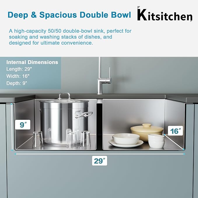 Kitsitchen 31 Inch Double Bowl Undermount Kitchen Sink,16 Gauge T-304S Stainless Steel Kitchen Sink with Drain Strainers & Grids,31" x 18" x 9" Large and Deep Kitchen Sinks,50/50 Design